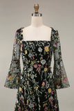 Mauve Floral A Line Embroidered Long Prom Dress with Sleeves