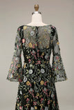 Mauve Floral A Line Embroidered Long Prom Dress with Sleeves