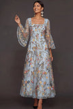Mauve Floral A Line Embroidered Long Prom Dress with Sleeves