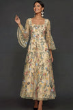 Mauve Floral A Line Embroidered Long Prom Dress with Sleeves