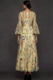 Mauve Floral A Line Embroidered Long Prom Dress with Sleeves
