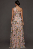 Floral Mauve One Shoulder A Line Embroidered Long Prom Dress with Slit