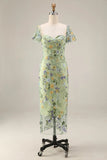 Floral Mauve Sheath Midi Wedding Guest Dress with Sleeves