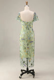 Floral Mauve Sheath Midi Wedding Guest Dress with Sleeves