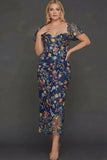 Floral Mauve Sheath Midi Wedding Guest Dress with Sleeves