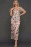 Floral Mauve Sheath Midi Wedding Guest Dress with Sleeves