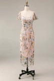 Floral Mauve Sheath Midi Wedding Guest Dress with Sleeves