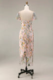 Floral Mauve Sheath Midi Wedding Guest Dress with Sleeves