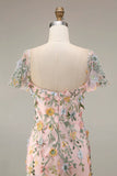 Floral Mauve Sheath Midi Wedding Guest Dress with Sleeves