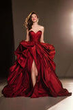 A Line Sweetheart Dark Red Ruffle Pageant Dress with Slit