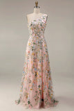 Floral Mauve One Shoulder A Line Embroidered Long Prom Dress with Slit
