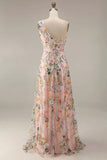 Floral Mauve One Shoulder A Line Embroidered Long Prom Dress with Slit