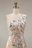 Floral Mauve One Shoulder A Line Embroidered Long Prom Dress with Slit