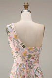 Floral Mauve One Shoulder A Line Embroidered Long Prom Dress with Slit