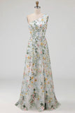 Floral Mauve One Shoulder A Line Embroidered Long Prom Dress with Slit