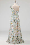 Floral Mauve One Shoulder A Line Embroidered Long Prom Dress with Slit