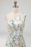 Floral Mauve One Shoulder A Line Embroidered Long Prom Dress with Slit