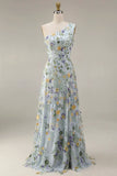 Floral Mauve One Shoulder A Line Embroidered Long Prom Dress with Slit