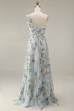 Floral Mauve One Shoulder A Line Embroidered Long Prom Dress with Slit
