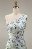 Floral Mauve One Shoulder A Line Embroidered Long Prom Dress with Slit
