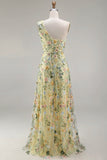 Floral Mauve One Shoulder A Line Embroidered Long Prom Dress with Slit