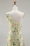 Floral Mauve One Shoulder A Line Embroidered Long Prom Dress with Slit