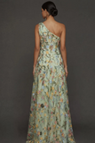 Floral Mauve One Shoulder A Line Embroidered Long Prom Dress with Slit