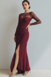 Cabernet Boat Neck Long Mermaid Formal Dress with Sleeves