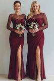 Cabernet Boat Neck Long Mermaid Formal Dress with Sleeves