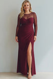 Cabernet Boat Neck Long Mermaid Formal Dress with Sleeves
