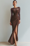 Cabernet Boat Neck Long Mermaid Formal Dress with Sleeves