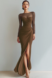 Cabernet Boat Neck Long Mermaid Formal Dress with Sleeves