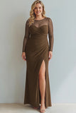 Cabernet Boat Neck Long Mermaid Formal Dress with Sleeves