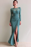 Cabernet Boat Neck Long Mermaid Formal Dress with Sleeves