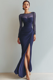 Cabernet Boat Neck Long Mermaid Formal Dress with Sleeves
