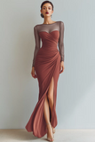 Cabernet Boat Neck Long Mermaid Formal Dress with Sleeves