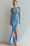 Cabernet Boat Neck Long Mermaid Formal Dress with Sleeves