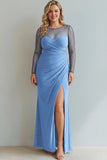 Cabernet Boat Neck Long Mermaid Formal Dress with Sleeves