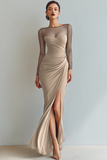 Cabernet Boat Neck Long Mermaid Formal Dress with Sleeves