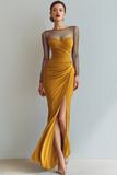 Cabernet Boat Neck Long Mermaid Formal Dress with Sleeves
