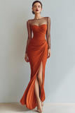 Cabernet Boat Neck Long Mermaid Formal Dress with Sleeves