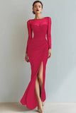 Cabernet Boat Neck Long Mermaid Formal Dress with Sleeves