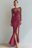 Cabernet Boat Neck Long Mermaid Formal Dress with Sleeves