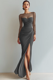 Cabernet Boat Neck Long Mermaid Formal Dress with Sleeves