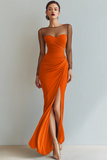Cabernet Boat Neck Long Mermaid Formal Dress with Sleeves