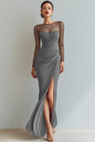 Cabernet Boat Neck Long Mermaid Formal Dress with Sleeves
