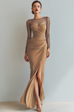 Cabernet Boat Neck Long Mermaid Formal Dress with Sleeves
