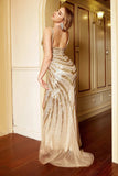 Sparkly Sequins Beaded Mermaid V-Neck Golden Long Prom Dress with Slit