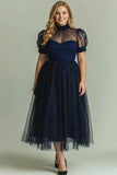 Dusty Blue A-Line High Neck Tulle Midi Dress with Short Sleeves