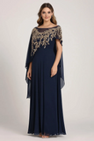 Navy Sheath Appliqued Mother Of The Bride Dress With Shawl